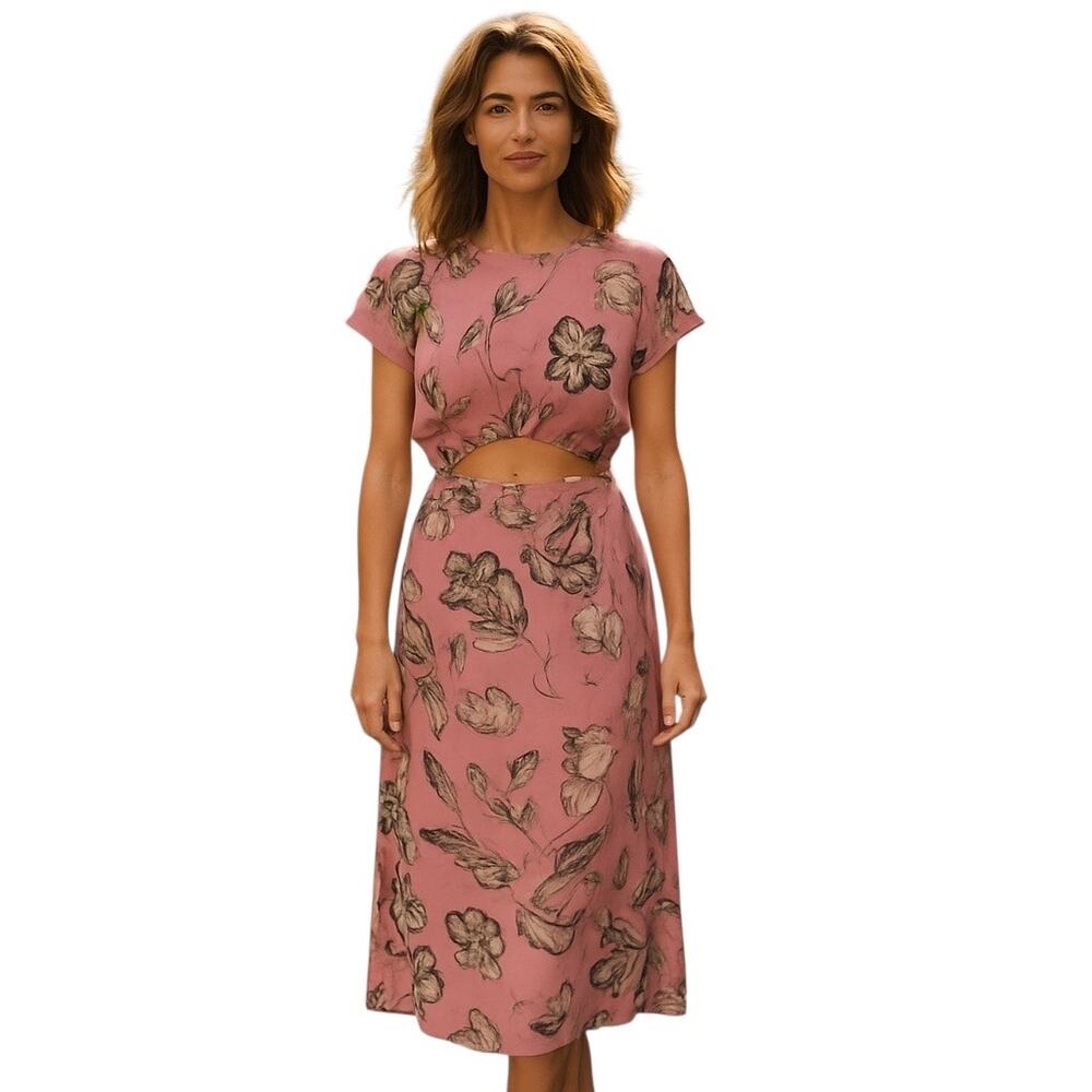 Zara Women Open Front Linen Blend Multi Pink Midi Dress Size XL NWT